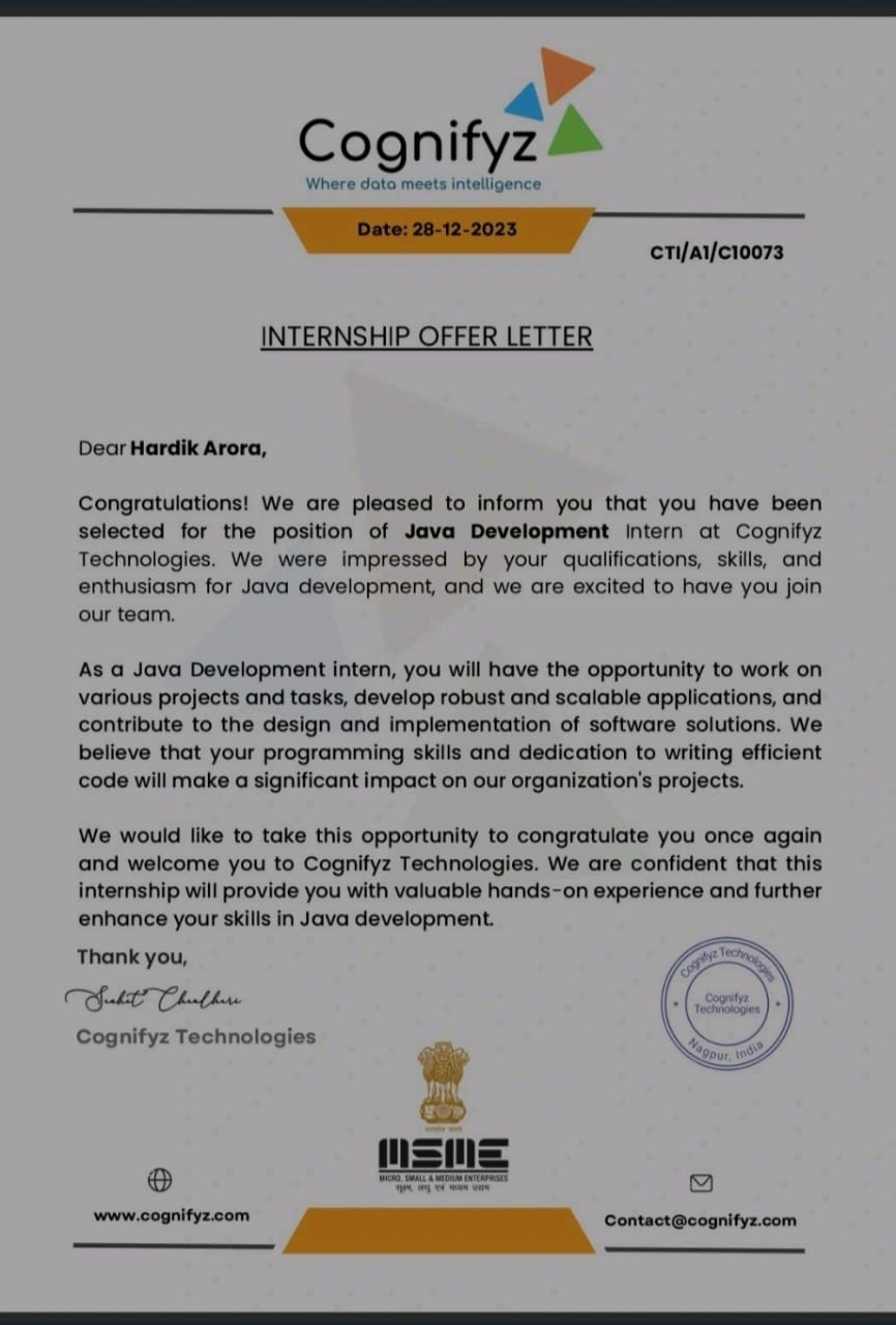 Java Development Internship Offer