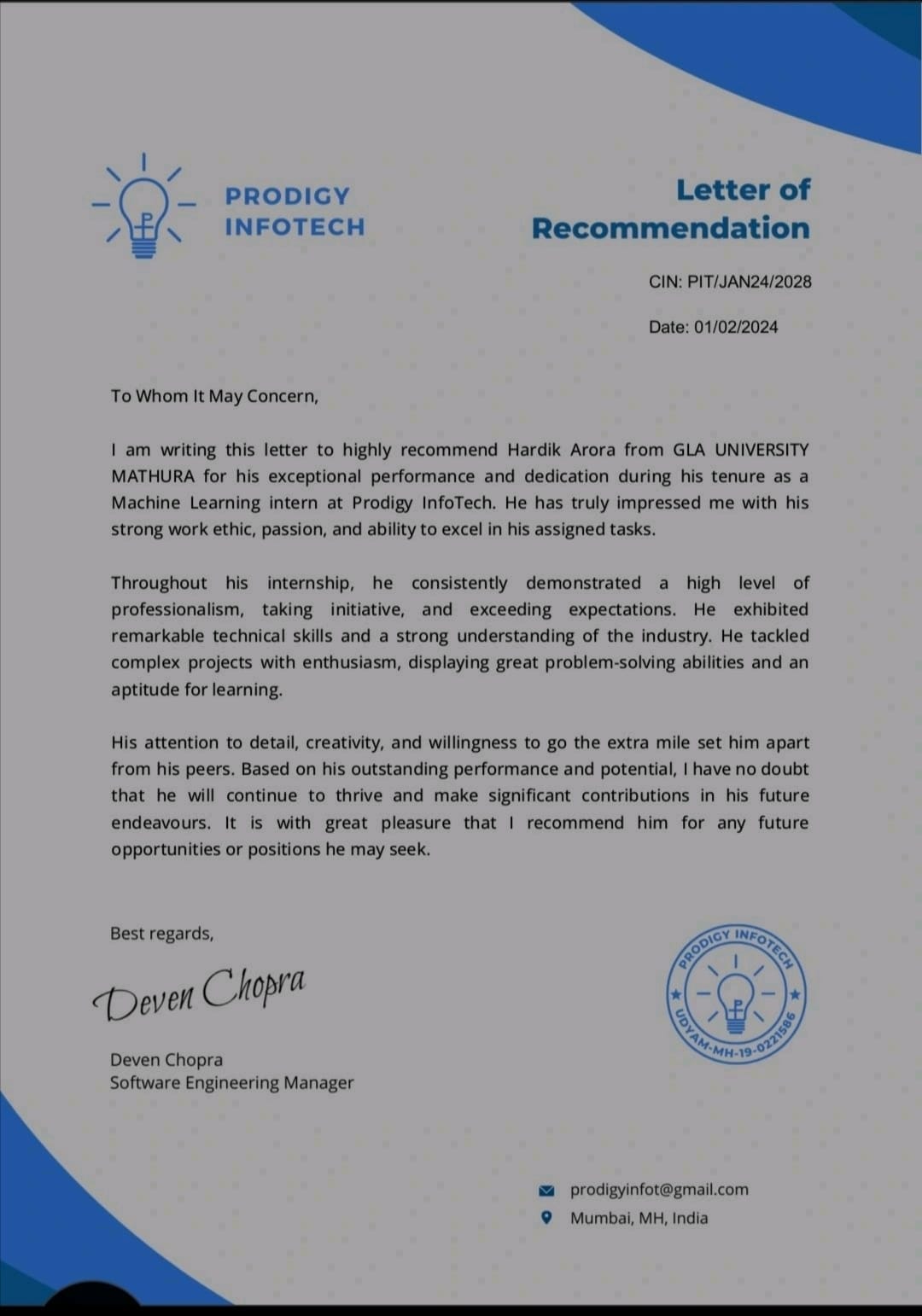 Letter of Recommendation - Prodigy InfoTech