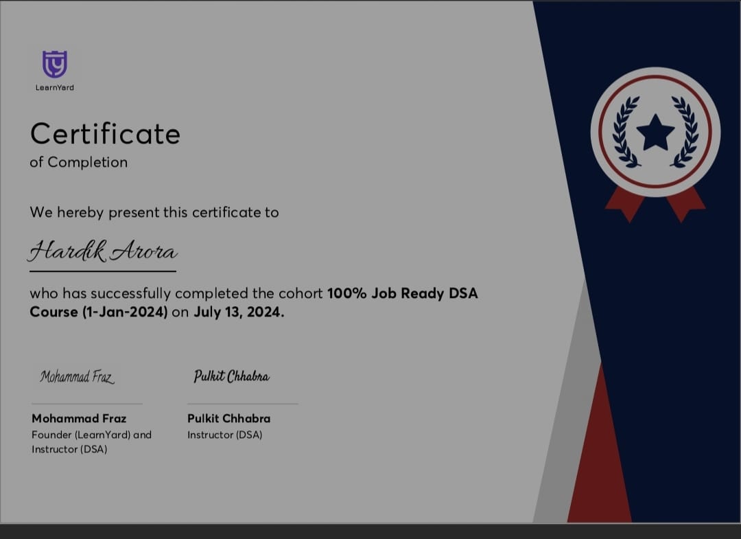 LearnYard Certification - 100% Job Ready DSA