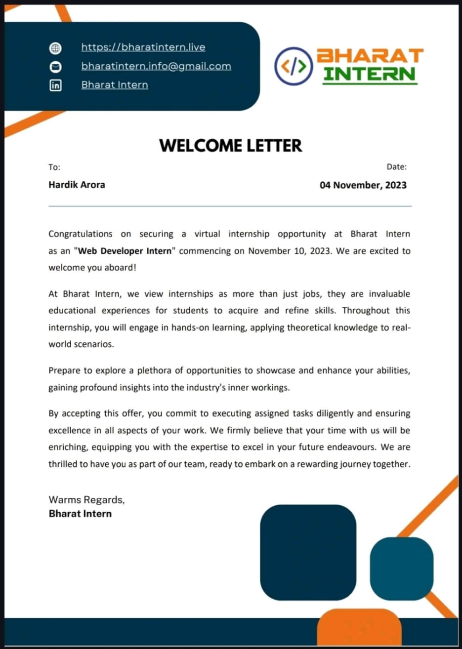 Bharat Intern - Welcome Letter